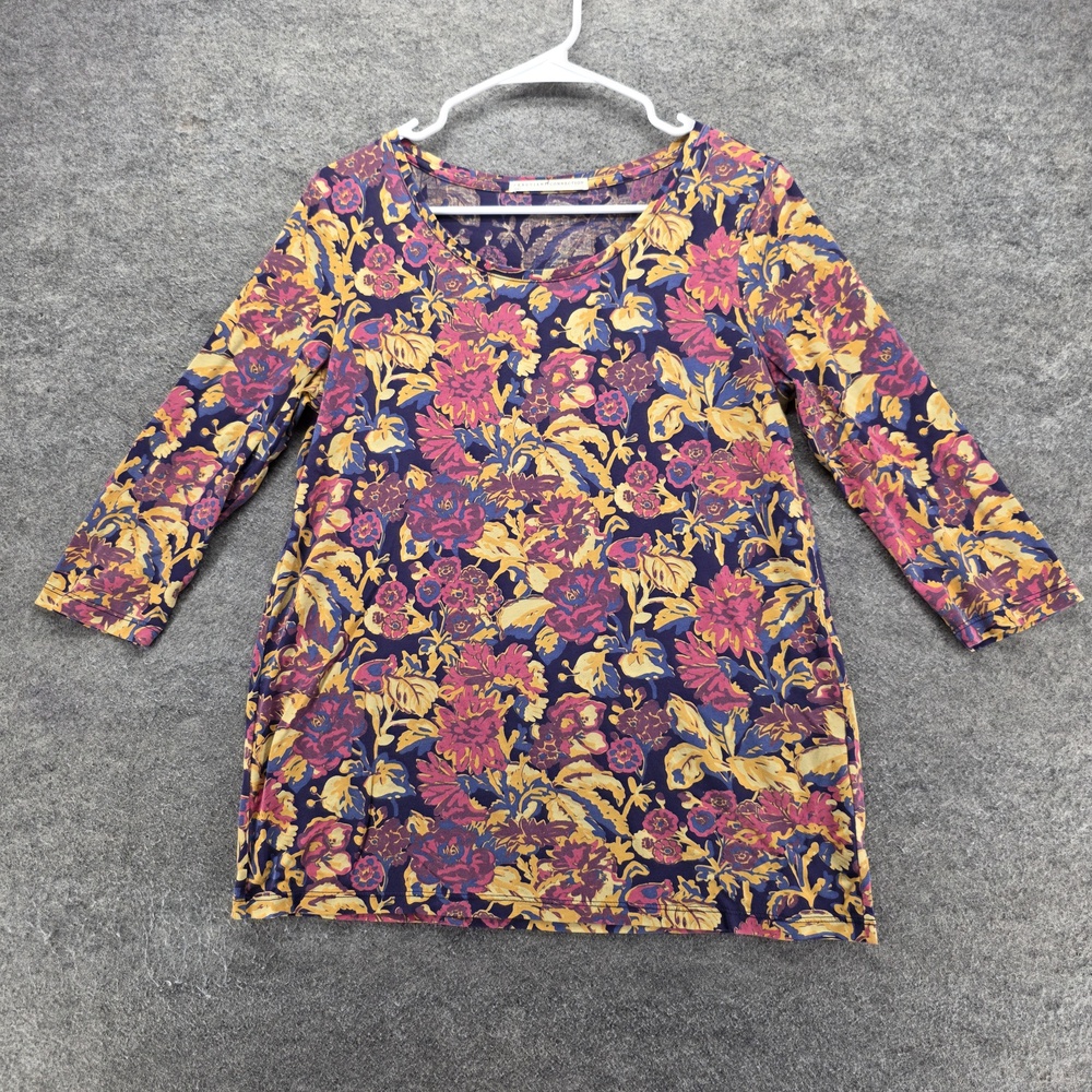 Peruvian Connection T-Shirt Tunic Womens S Multicolor Floral 3/4 Sleeve Jersey
